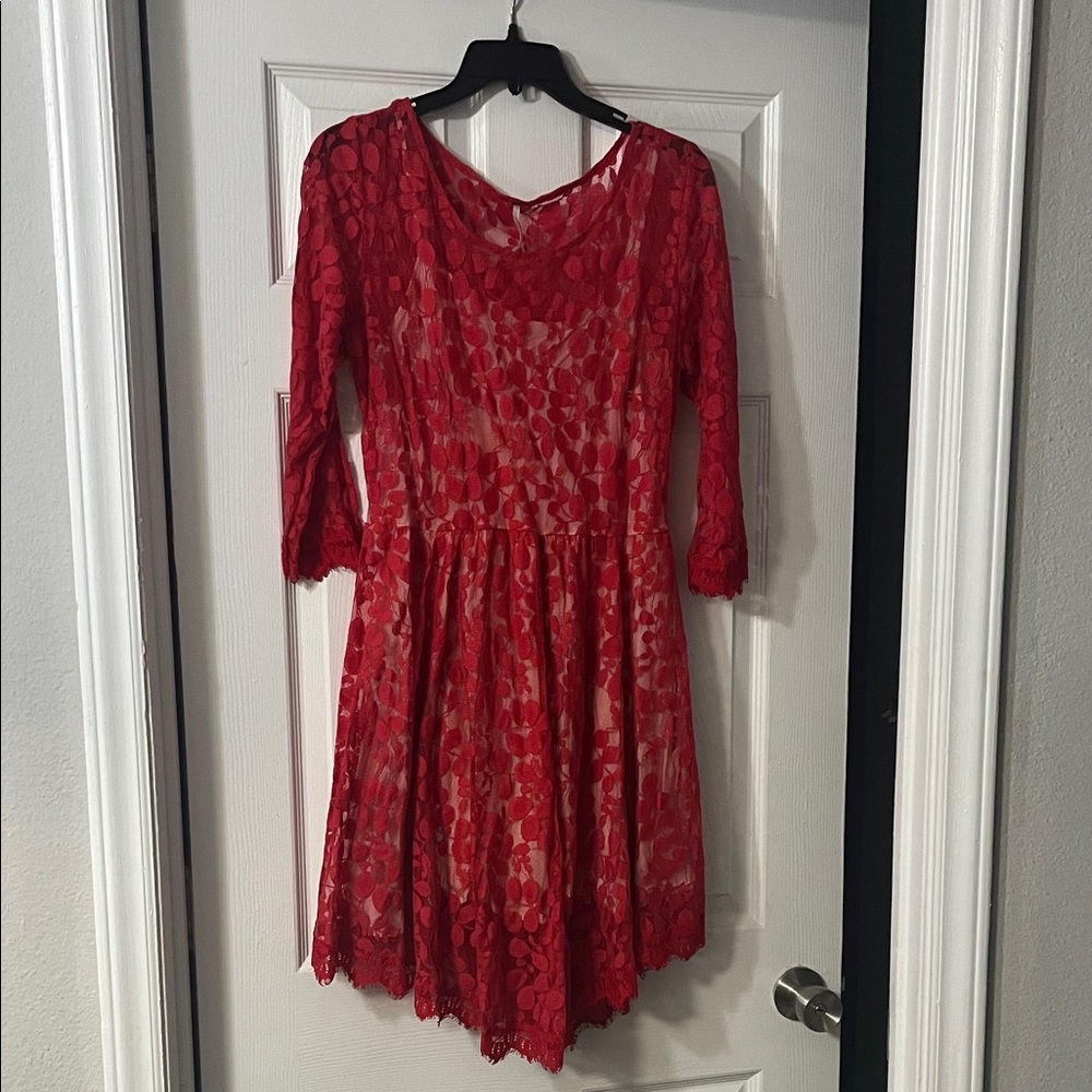 Free People Red Lace Long Sleeve Dress
